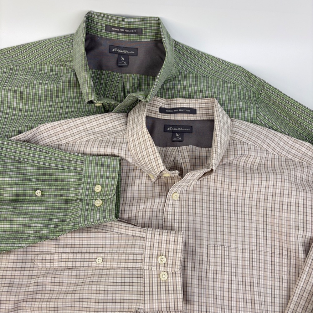 Eddie Bauer Button Down Shirt Mens TXL Green Tan 2 Pack Wrinkle Free Relaxed Fit